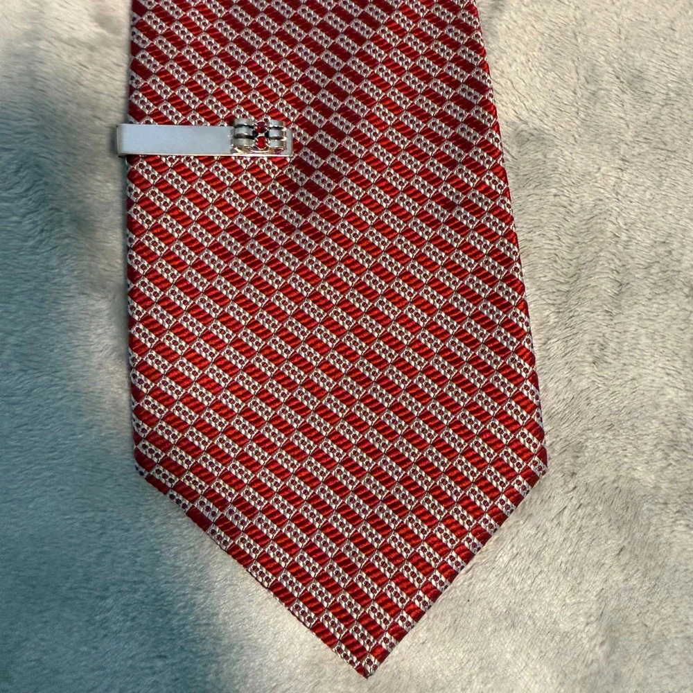 Vintage Silver Tone Tie Bar Money Clip Red Garnet‎ Style Stones 2